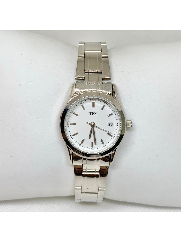Tfx By Bulova Women Silver Tone Date Quartz Analog Watch White Dial 26mm Running